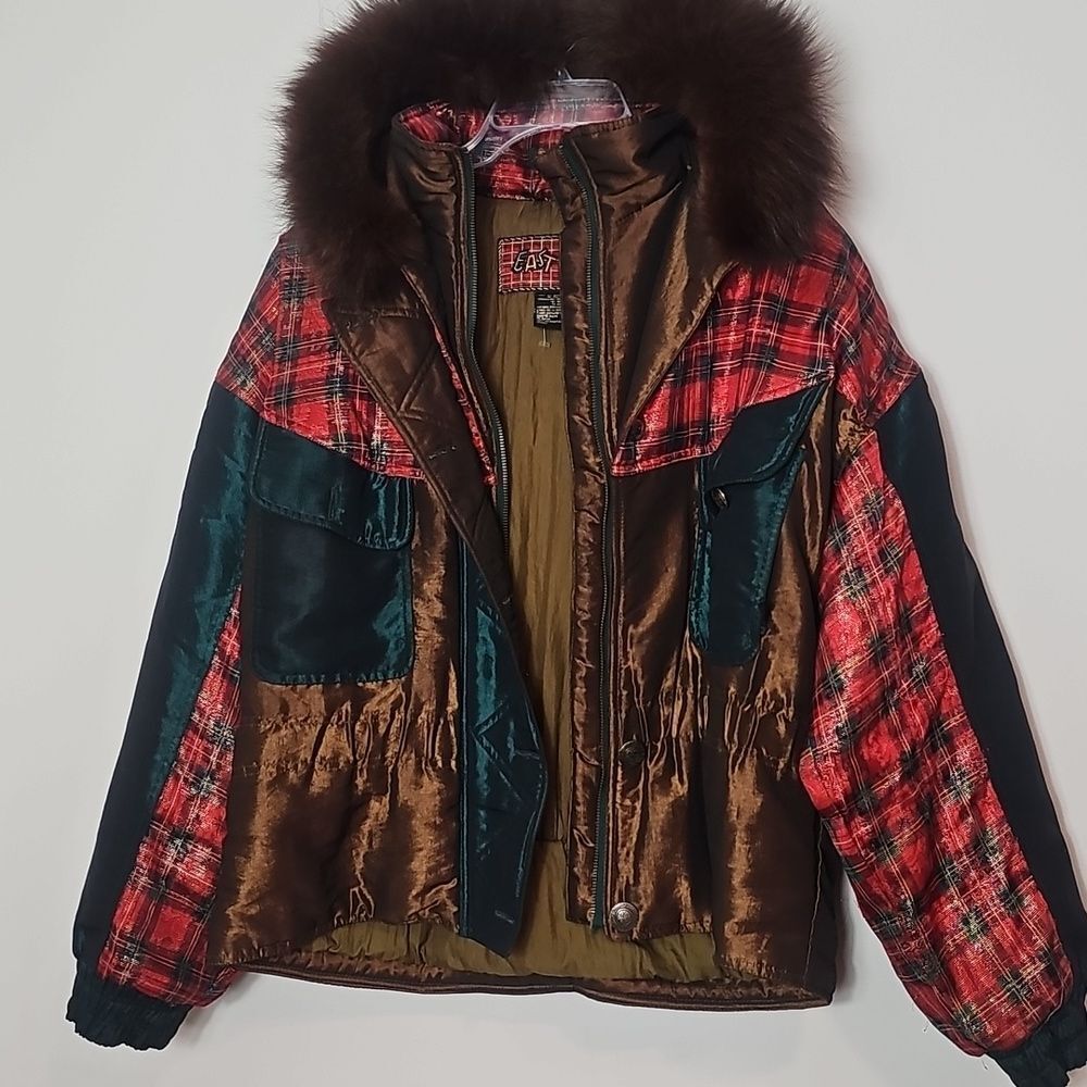 Vintage East West Fox Fur Trim Holiday Plaid Ski Jacket Size L